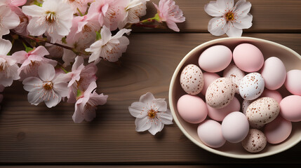 Decorative colored Easter eggs in the bowl and a branch of apple blossom on the wooden background. 
 Concept of summer holidays