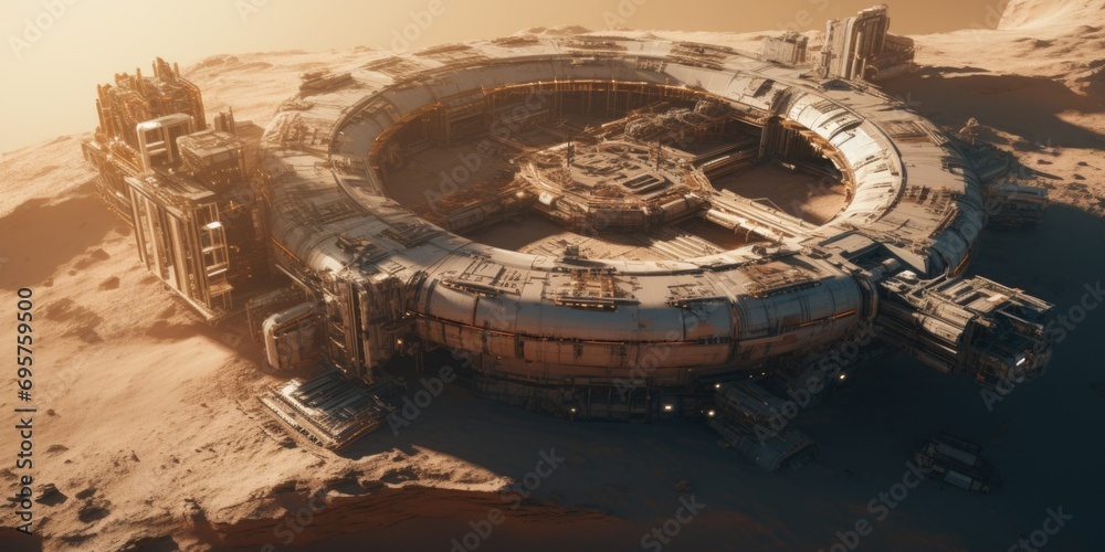Poster a futuristic space station located in the desert. this image can be used for science fiction or futu
