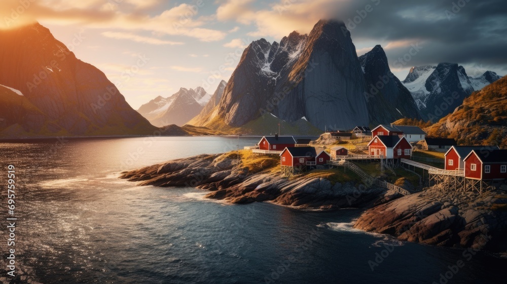 Poster a picture of a small village situated on a small island in the middle of a body of water. this image