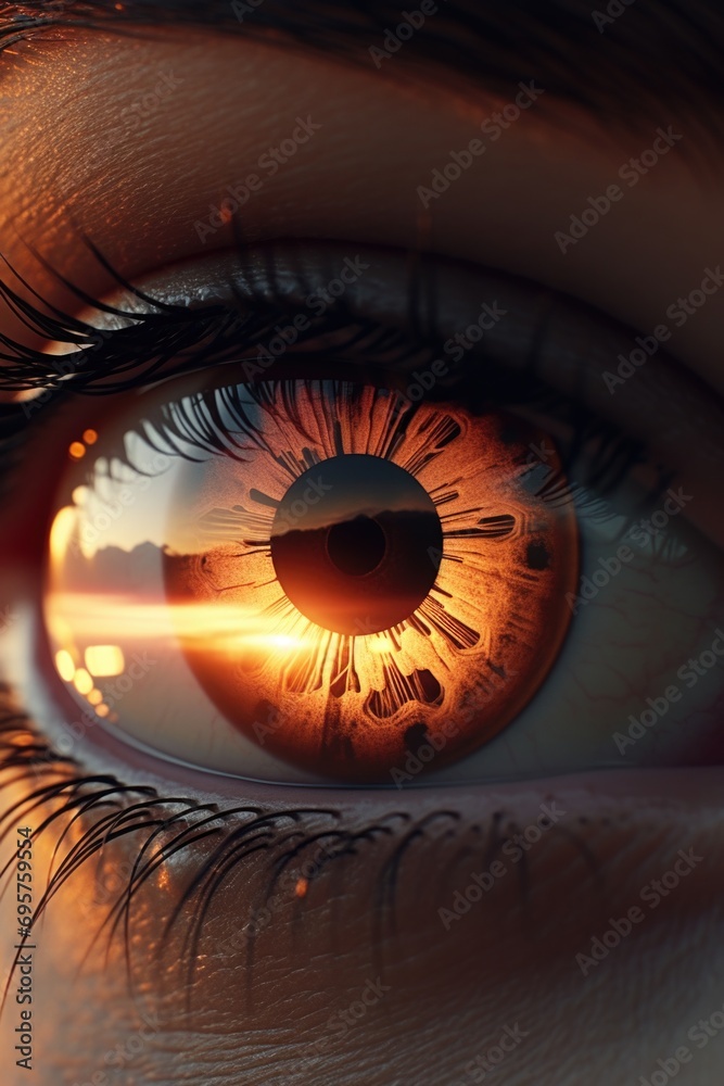 Poster Close up of a person's eye with a clock reflection. Perfect for illustrating the concept of time management or the passage of time