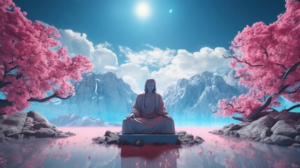 Meditative Serenity - Spiritual Figure with Cherry Blossoms in Mystic Landscape - obrazy, fototapety, plakaty