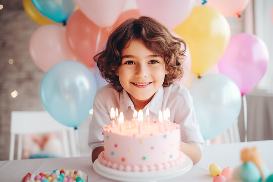 Little boy smiling with birthday cake, Kid birthday party, Generative ai.