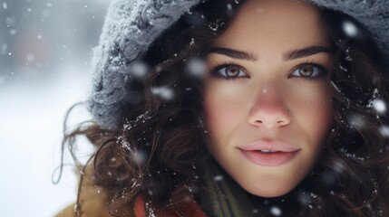 A woman wearing a hat and scarf in the snow. Perfect for winter-themed designs and holiday promotions