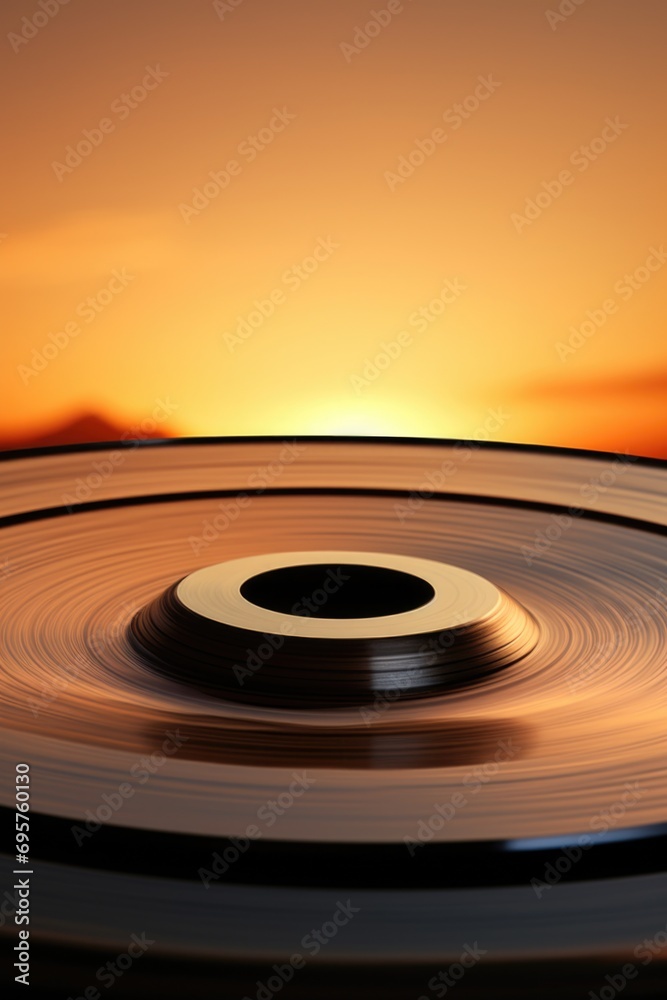 Poster a close-up view of a disc with a stunning sunset in the background. this image can be used to repres