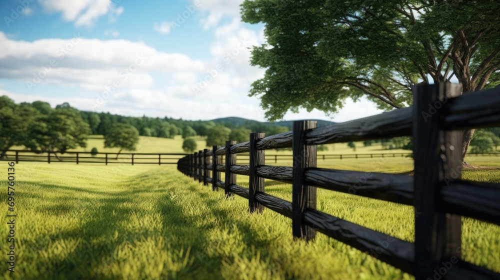 Poster a picture of a wooden fence in a grassy field with trees in the background. perfect for showcasing n