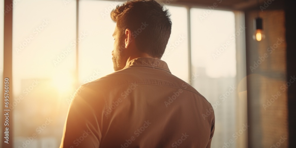 Poster a man is captured looking out a window at the sun. this image can be used to depict contemplation, h