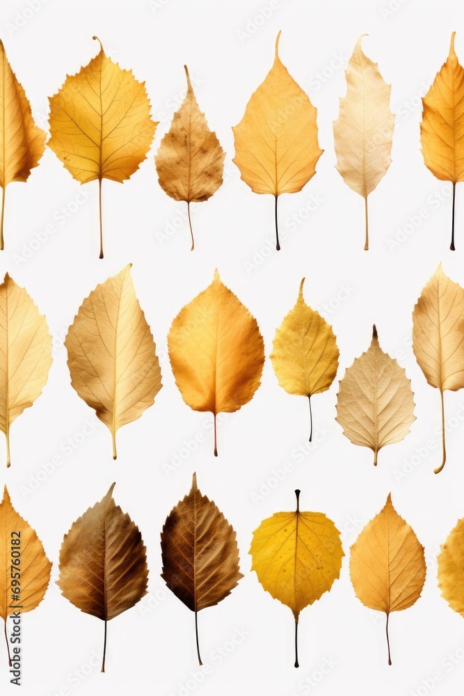 Poster a collection of different types of leaves arranged on a white surface. ideal for nature-themed desig