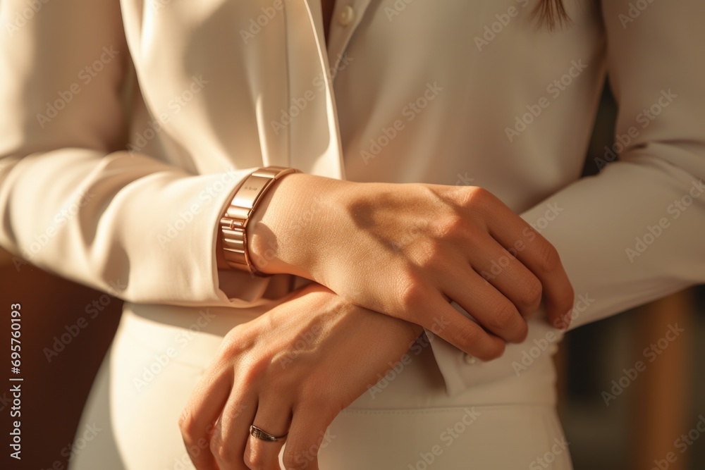 Poster person wearing a watch up close. suitable for time management concepts