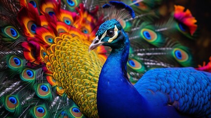 Obraz premium A close-up of a regal peacock displaying its vibrant plumage, the intricate patterns and brilliant colors captured in breathtaking detail