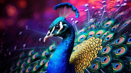 Obraz premium A close-up of a regal peacock displaying its vibrant plumage, the intricate patterns and brilliant colors captured in breathtaking detail