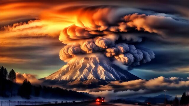 An image dramatically depicting a volcanic eruption, characterized by a massive plume of ash and orange smoke rising into the sky.
