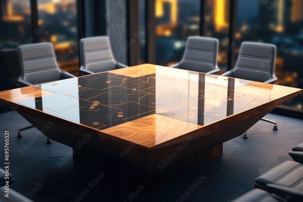 Poster a conference table with chairs and a map. suitable for business meetings and discussions