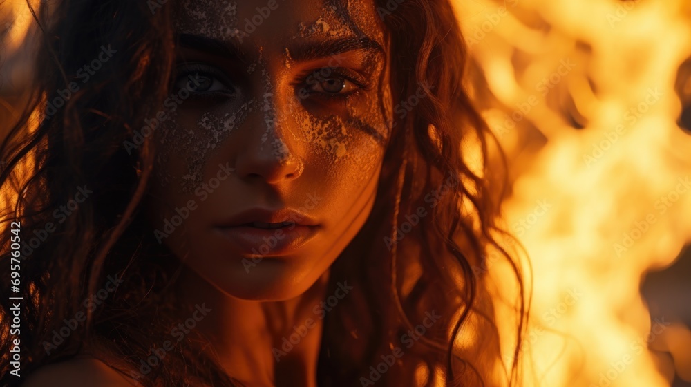 Poster a woman with white paint on her face standing in front of a blazing fire. this image can be used for