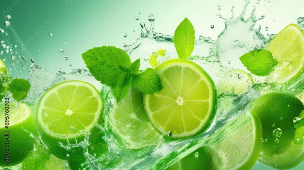 Poster fresh limes and mint leaves falling into a clear water surface. perfect for refreshing beverage or s