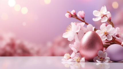Pastel Easter eggs accompanied by delicate cherry blossoms on a soft pink background.