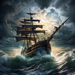 A ship in a storm, the adventure of a sailor
