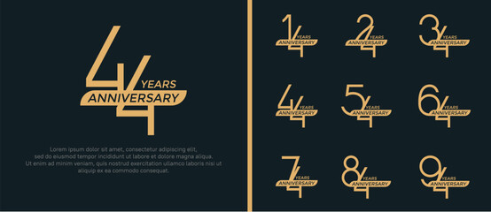 set of anniversary logo flat golden color and ribbon on black background for celebration moment