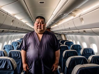 Obese Sumo in Pajamas Looking at Camera while Standing in An Empty Airplane Cabin