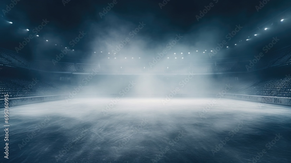 Poster an image of an empty stadium with smoke billowing out of the stands. this picture can be used to dep