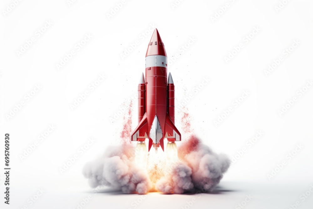 Poster a red rocket launching into the sky, leaving behind a trail of smoke. perfect for space exploration 