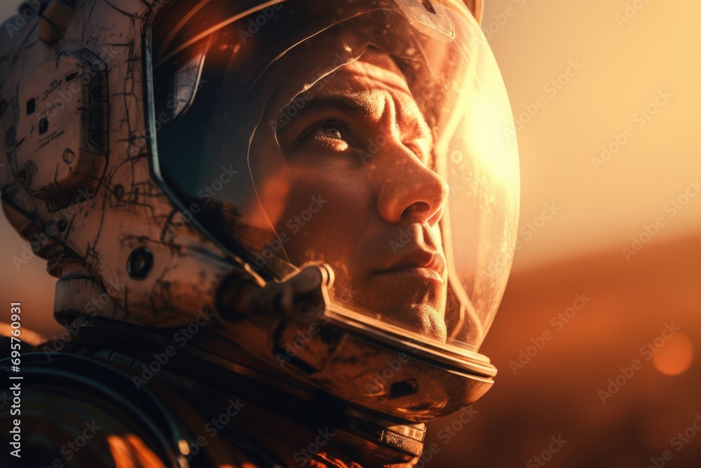 Poster a detailed close-up of a person wearing a space suit. suitable for depicting astronauts, space explo