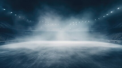 An image of an empty stadium with smoke billowing out of the stands. This picture can be used to depict a deserted or abandoned sports venue or to symbolize the aftermath of a fire or disaster - obrazy, fototapety, plakaty