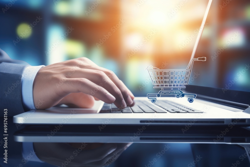 Poster a person typing on a laptop with a shopping cart in the background. perfect for illustrating online 