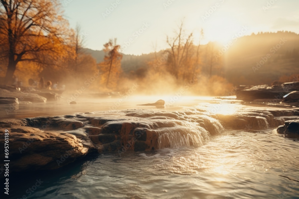 Poster A stream of water running through a forest filled with trees. Ideal for nature and landscape themes