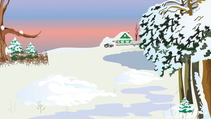 winter landscape with village house, tree and snow vector illustration