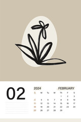 February 2024 wall calendar in soft beige color theme with botanical art, weeks start on Monday, vector illustration design