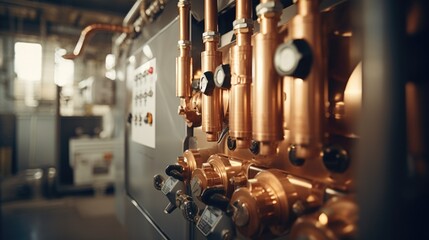 A collection of copper pipes and valves in a room. Versatile image suitable for industrial, plumbing, or construction-related projects