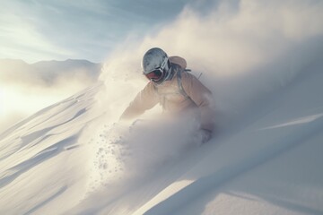 A man riding a snowboard down a snow covered slope. Great for winter sports and adventure themes