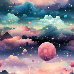 Dreamy galaxy patterns with stars, planets, and celestial elements in cute and pastel hues , Mystical Galaxy Digital Paper , Mystical Galaxy Seamless Pattern , generative AI illustration