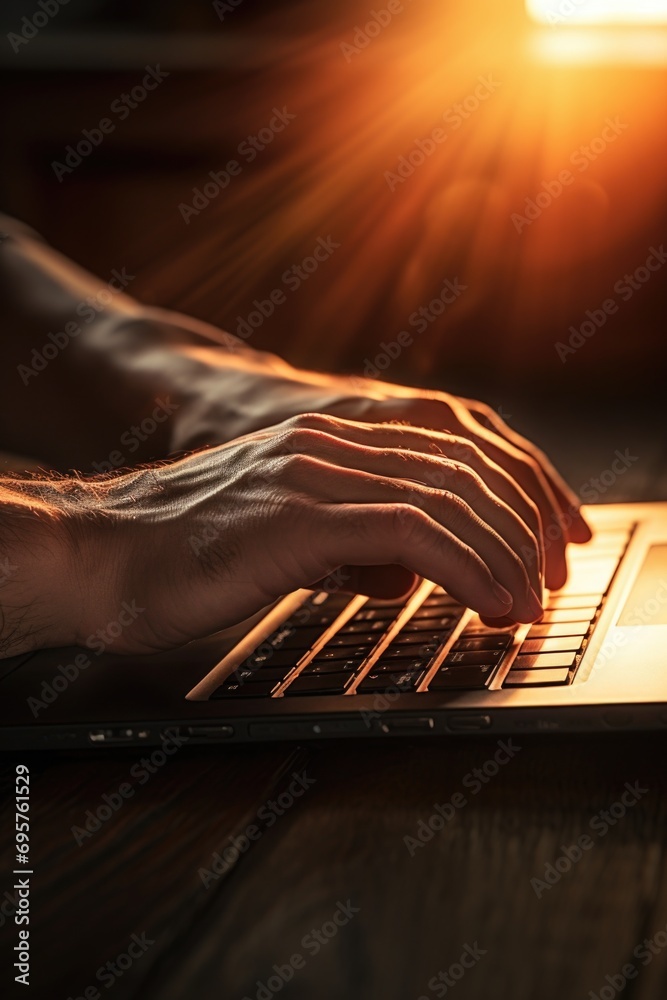 Poster A person is seen typing on a laptop computer placed on a table. This image can be used to depict work, technology, or remote working