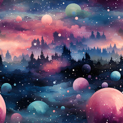 Dreamy galaxy patterns with stars, planets, and celestial elements in cute and pastel hues , Mystical Galaxy Digital Paper , Mystical Galaxy Seamless Pattern , generative AI illustration
