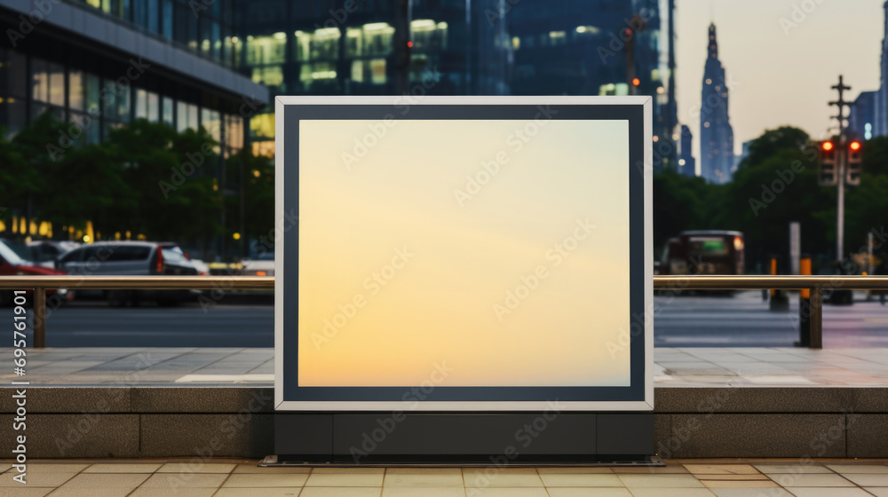 Poster a blank billboard is positioned on a sidewalk in a bustling city. this image can be used for adverti