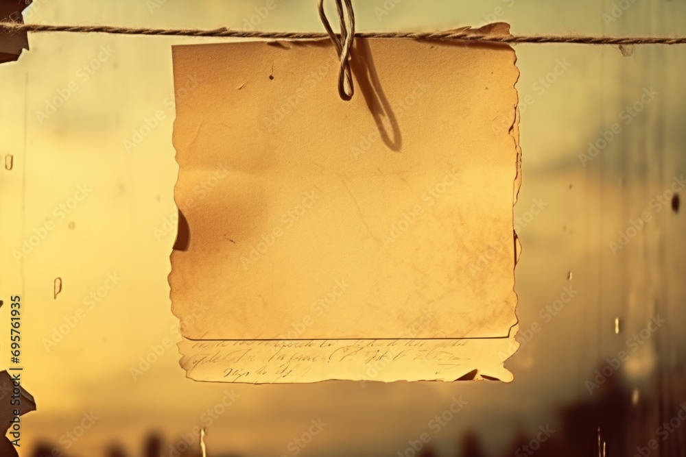 Poster A simple yet effective image of a piece of paper hanging on a rope. Perfect for adding a touch of creativity and uniqueness to your projects