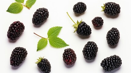 Fresh blackberries with leaves displayed on a clean white surface. Perfect for food and nutrition concepts - Powered by Adobe
