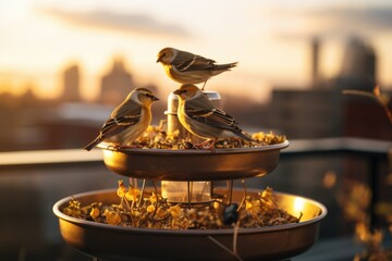 Two birds sitting on top of a bird feeder. Perfect for nature and birdwatching enthusiasts - obrazy, fototapety, plakaty