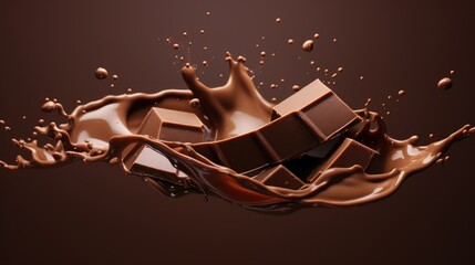 A chocolate bar is shown in mid-air, falling into a pool of melted chocolate. This image can be used to depict indulgence, temptation, or the process of making chocolate treats