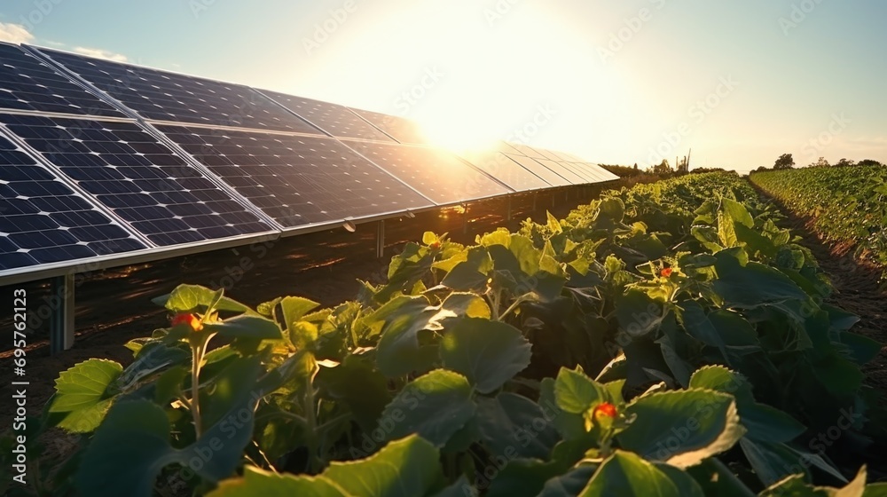Poster a field of green plants with a solar panel in the background. suitable for environmental and renewab