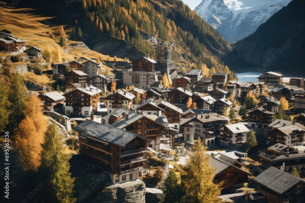 Poster a picture of a charming small town nestled in the middle of a mountain. this image can be used to de