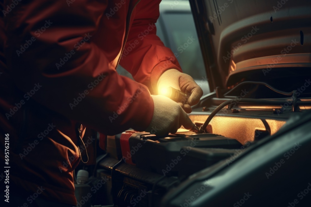 Aufkleber a man in a red jacket is working on a car engine. this image can be used to showcase automotive repa