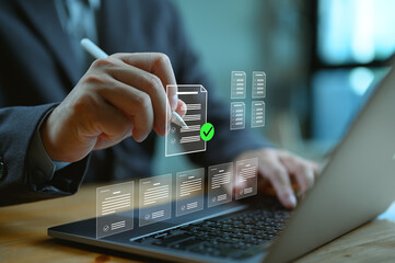 Business performance monitoring concept, businessman using computer laptop Online survey filling...
