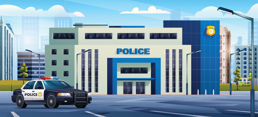 Police station building with patrol car on cityscape background. Police department office and city landscape cartoon illustration © YG Studio