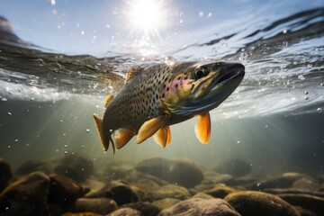 A brown trout swimming gracefully in clear water. Ideal for nature and wildlife enthusiasts - Powered by Adobe
