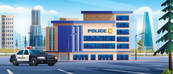 Police station building with patrol car and city landscape. Police department office on cityscape background vector illustration © YG Studio