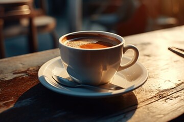 A cup of coffee placed on a saucer resting on a table. Suitable for various uses