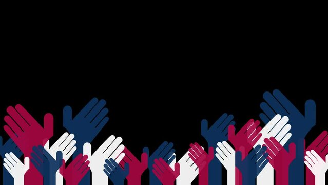 Animation of rising hands in colors of US flag on black background. Voting on American president elections 2024. Alpha included