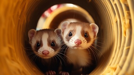 A pair of curious ferrets playing in a tunnel, their boundless energy and interactive behavior showcasing the playful charm of ferret companionship